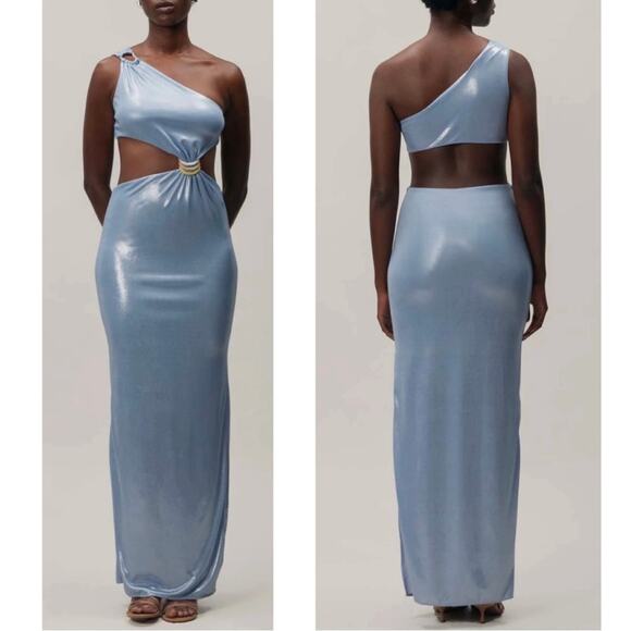 BAOBAB Luna Llena One Shoulder Cutout Ruched Metallic Galactico Maxi Dress Sz M - Picture 2 of 9